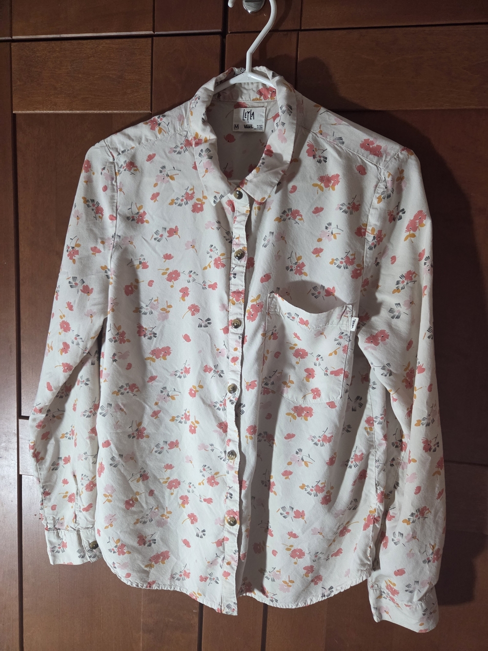 Vans White Floral Button-Up Blouse with Pink and Yellow Blossoms